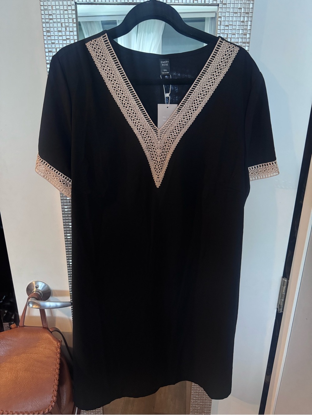 Black V-Neck Crochet Trim Dress